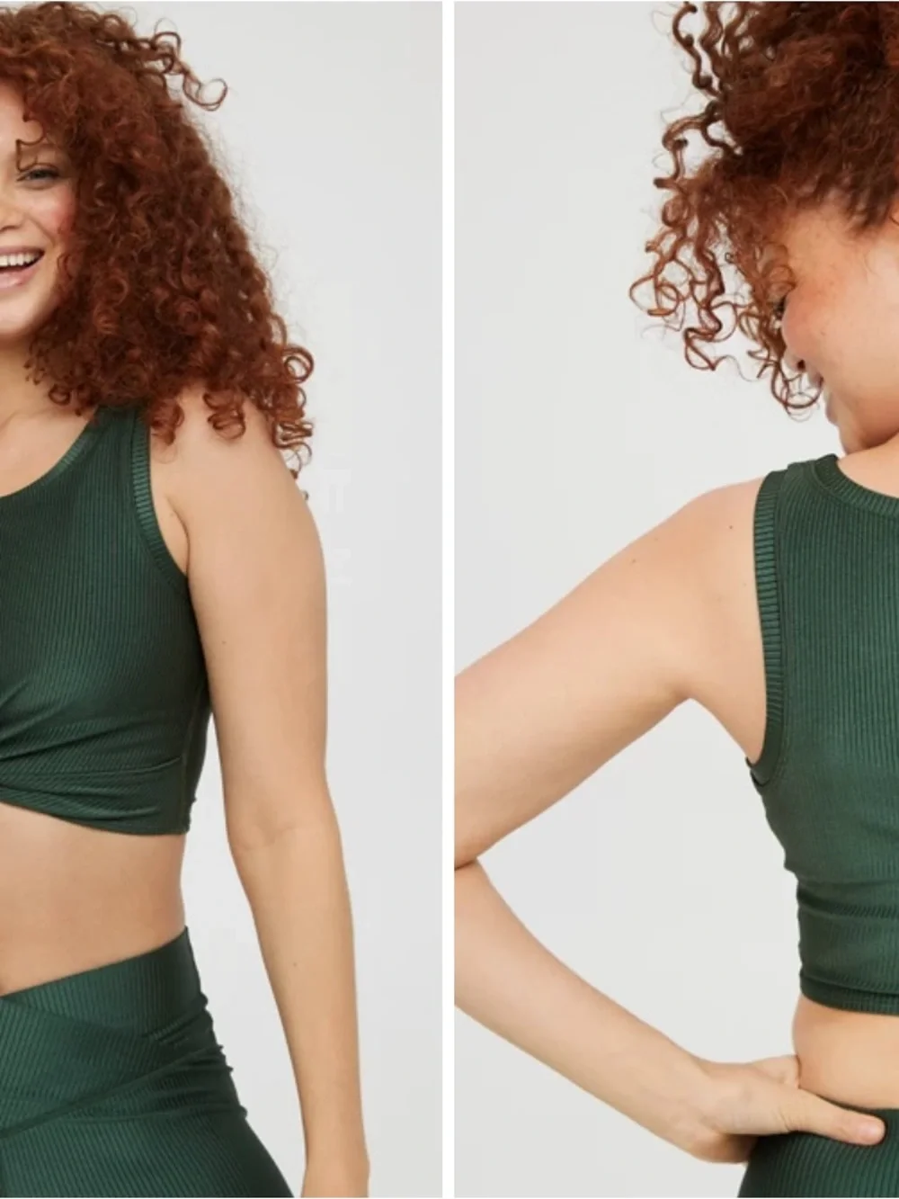 Aerie OFFLINE S Women's Ribbed Twist-Front Crop Tank Top Sports Bra - Dark Green